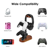 Geekria 2-in-1 Headphone Stand with Controller Holder for Gaming Desk Setup, Walnut Wood & Aluminum Headset Stand, Desktop Organizer for PS5 PS4 Xbox Switch Controllers & Over-Ear Headphones