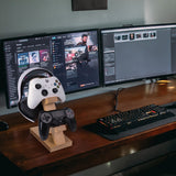 Geekria Solid Wood Dual Gamepad and Headphone Stand, Controller Storage Holder for PS4, PS5, Xbox, Switch, 8BitDo, Universal Desk Game Accessories (Light Brown)