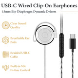 Geekria USB-C Clip-On Wired Earphones with Microphone, In-Line Volume Control, Lightweight Hook-On Earbuds for Online Meetings, Remote Work, Call Center, Studying (White, 3.9FT)