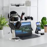Geekria Headphone Stand for Desk, Clear Acrylic Headset Stand with Gold Metal Accent, Gaming Headphone Holder, Universal Desktop Display Stand for Over-Ear Headphones