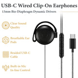 Geekria USB-C Clip-On Wired Earphones with Microphone, In-Line Volume Control, Lightweight Hook-On Earbuds for Online Meetings, Remote Work, Call Center, Studying (Black, 3.9FT)