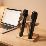 Geekria for Creators Microphone Holder, Wooden Wireless Mic Holder for Stand, 2-Slot Desktop Mic Storage Holder, Space-Saving Design for Home, Office, Recording Studio (Light Brown)