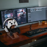 Geekria Solid Wood Dual Gamepad and Headphone Stand, Controller Storage Holder for PS4, PS5, Xbox, Switch, 8BitDo, Universal Desk Game Accessories