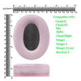 Geekria PRO Extra Thick Mesh Fabric Replacement Ear Pads for HyperX Cloud II, 2, Cloud III, 3, Mix, Alpha, Cloud Flight, Stinger, 2, 2 Core, Revolver S Headphones Ear Cushions, Earpads (Pink)