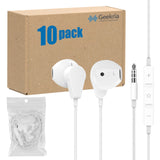 Geekria 3.5mm Plug Earphones with Microphone, Quality Wired Headphones Bulk Pack, Stereo Semi In-Ear Headphones with Mic And Volume Control, Affordable Wholesale Earbuds (10 Pack, White)